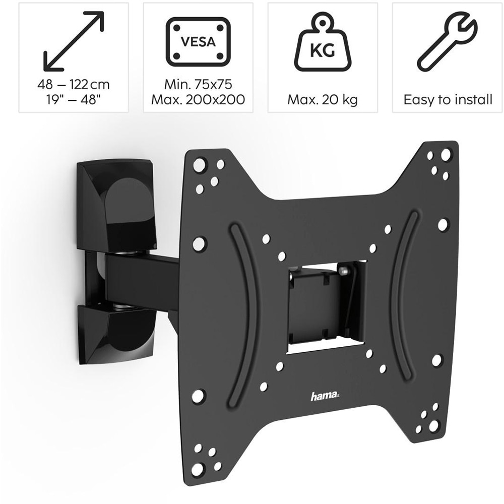 Suport TV perete HAMA 220821, reglabil, 19-48", 20kg, negru
