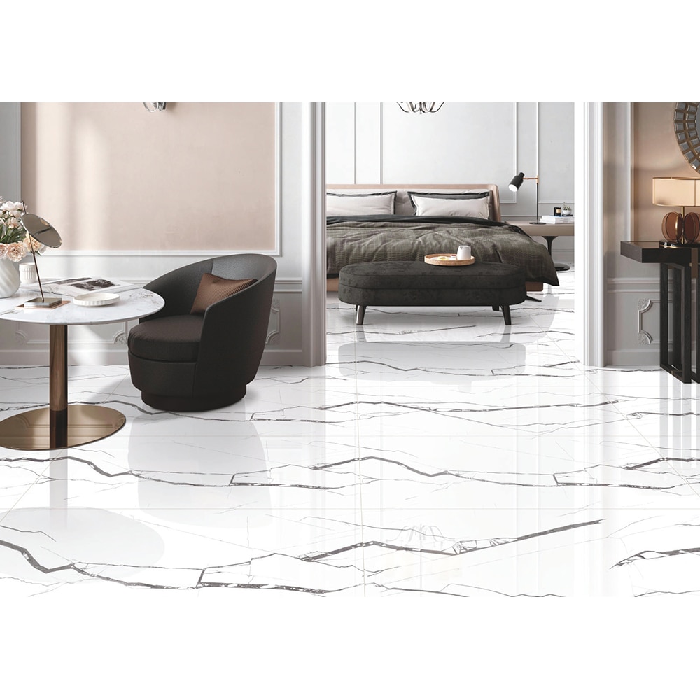 Gresie interior/exterior Merita White, alb/negru lucios, 60 x 120 cm, 9 mm, 1.44 m2/cutie