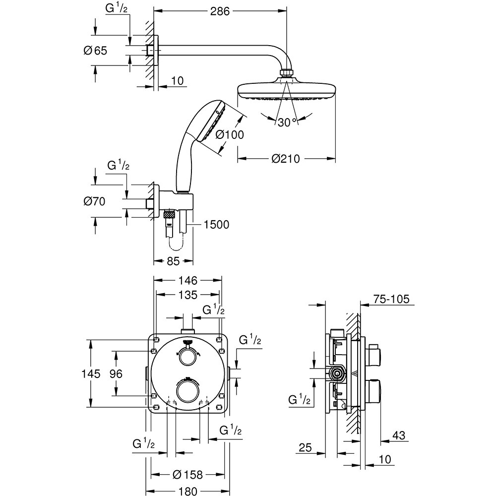 Sistem dus GROHE Precision Trend 34733002, termostat, 1 functie, crom