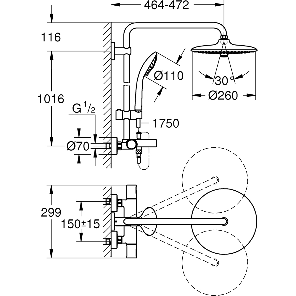 Sistem dus GROHE Vitalio Joy 27860001, termostat, 3 functii, crom