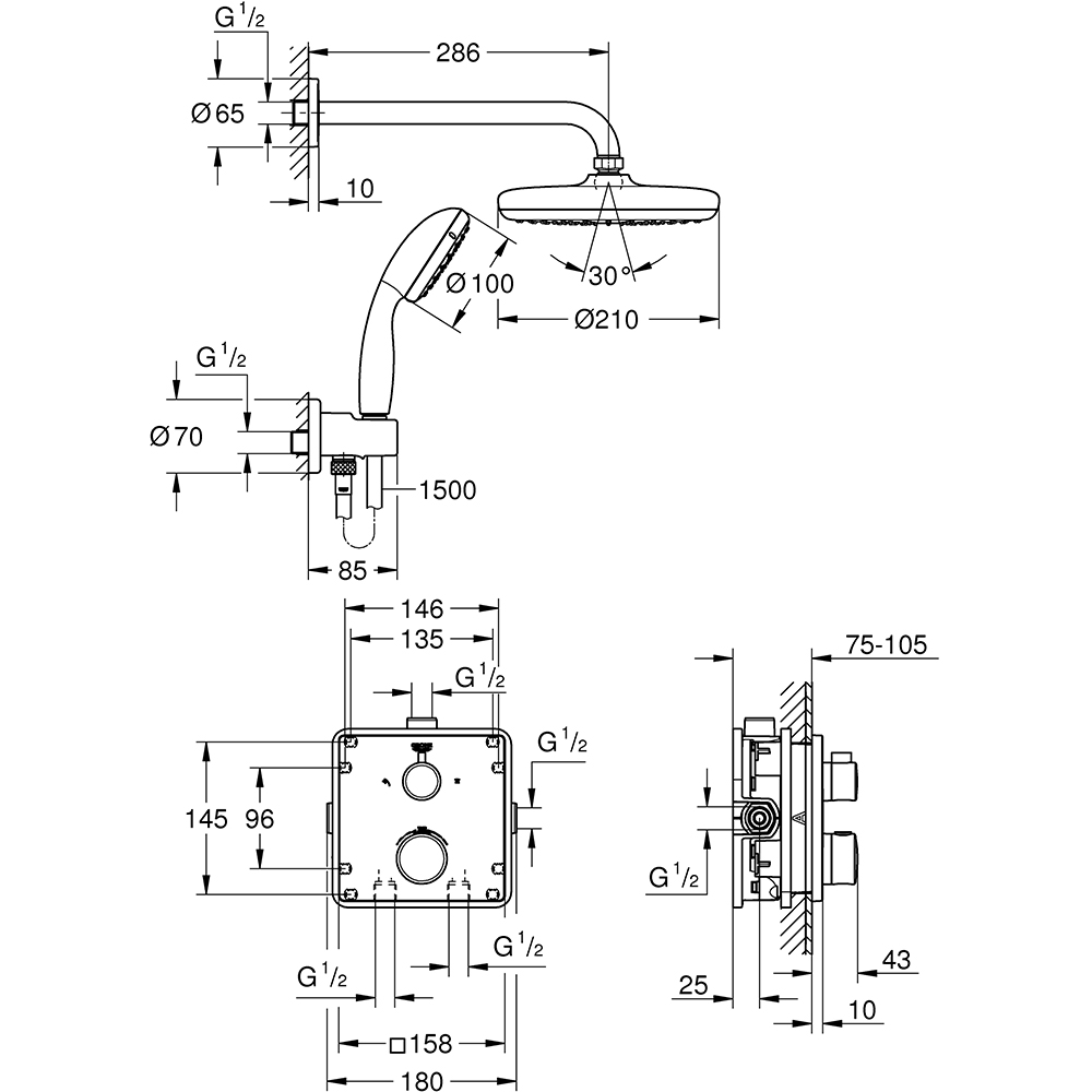 Sistem dus GROHE Grohtherm 210 34729000, termostat, 1 functie, crom