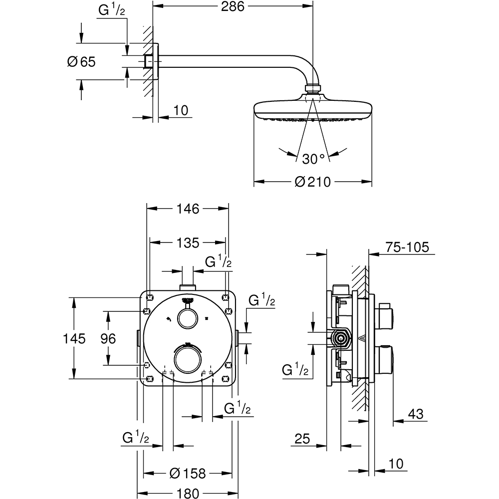 Sistem dus GROHE Grohtherm 210 34726000, termostat, 1 functie, crom