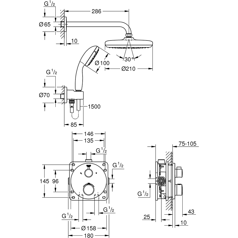 Sistem dus GROHE Grohtherm 34727000, termostat, 1 functie, crom