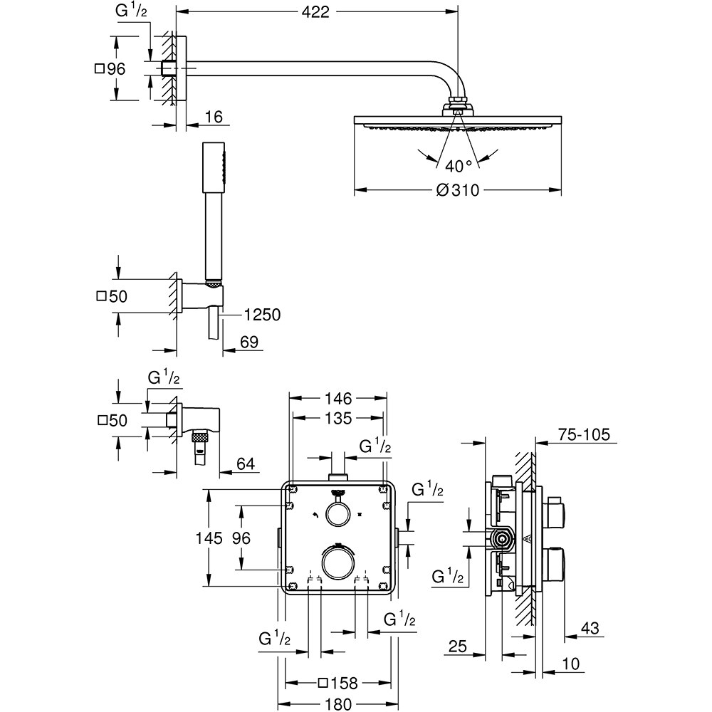 Sistem dus GROHE Grohtherm Perfect 310 34730000, termostat, 1 functie, crom