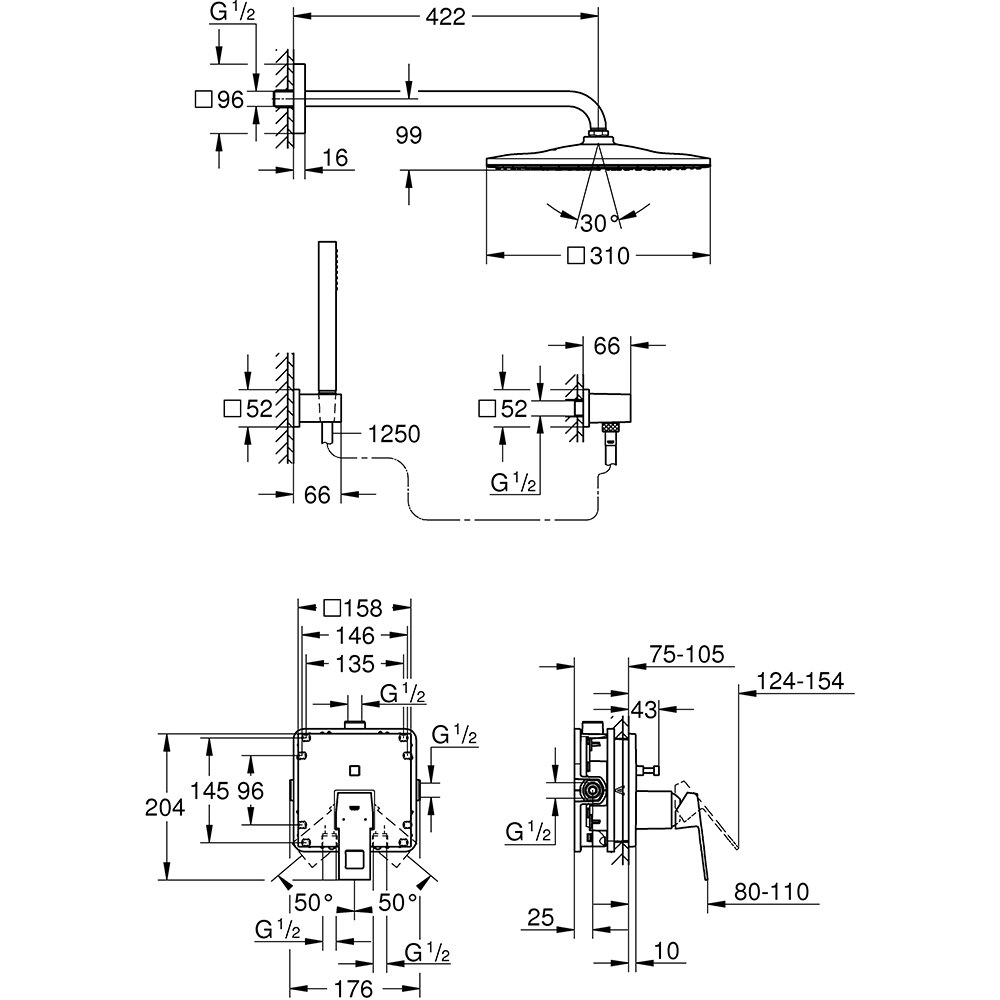 Sistem dus GROHE Eurocube Perfect 25238000, 1 functie, crom