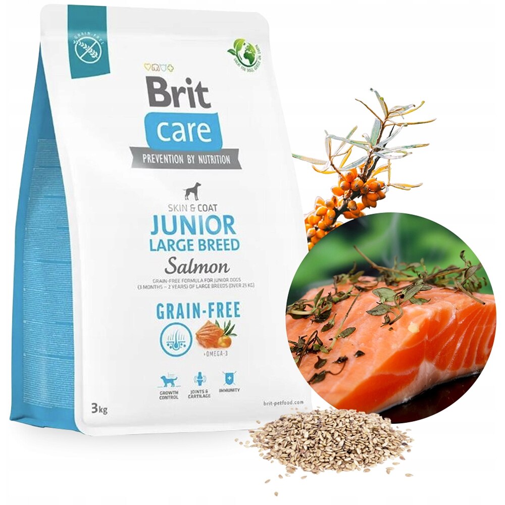 Hrana uscata pentru caini BRIT CARE Grain Free Large Breed, Junior, Somon, 3 kg