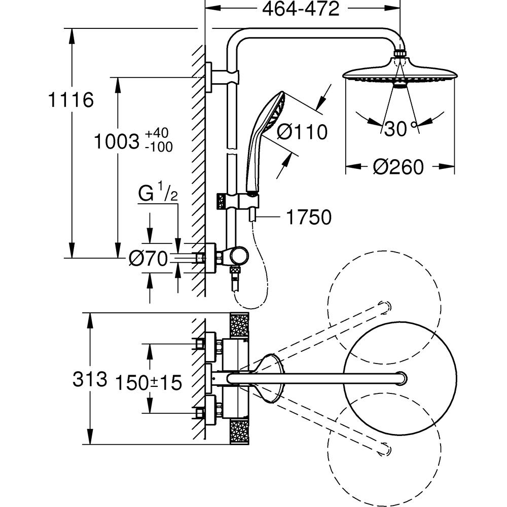 Sistem dus GROHE Euphoria System 260 27296003, termostat, 3 functii, crom