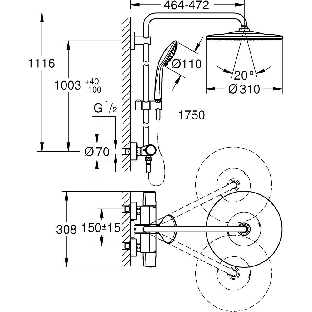 Sistem dus GROHE Euphoria 310 26075001, termostat, 1 functie, crom