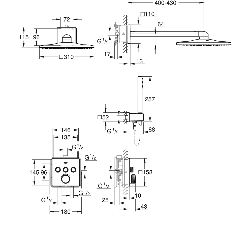 Sistem dus GROHE Grohtherm SmartControl 310 Cube 34804000, termostat, 2 functii, crom