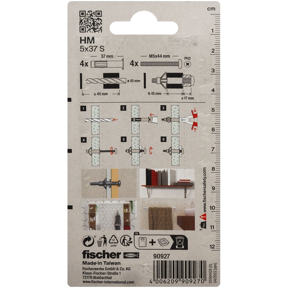 Diblu metalic pentru gips-carton FISCHER, 5 x 37 mm, 4 buc, argintiu