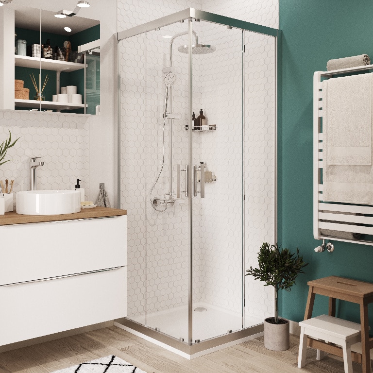 Cabina dus standard GoodHome Beloya, patrata, 80 x 80 x 195 cm, sticla securizata 8mm, profil crom
