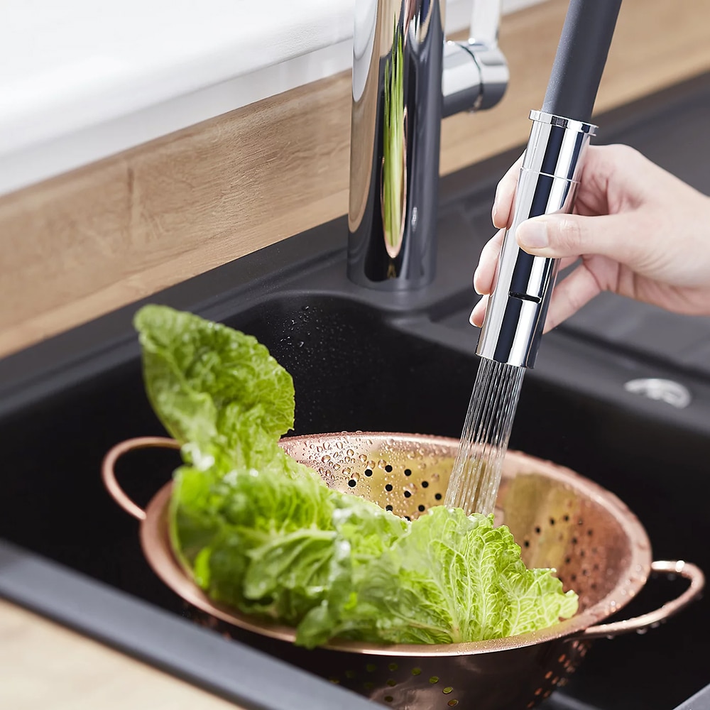 Baterie bucatarie Cooke & Lewis Kloey, dus extractibil, alama si silicon, argintiu-negru