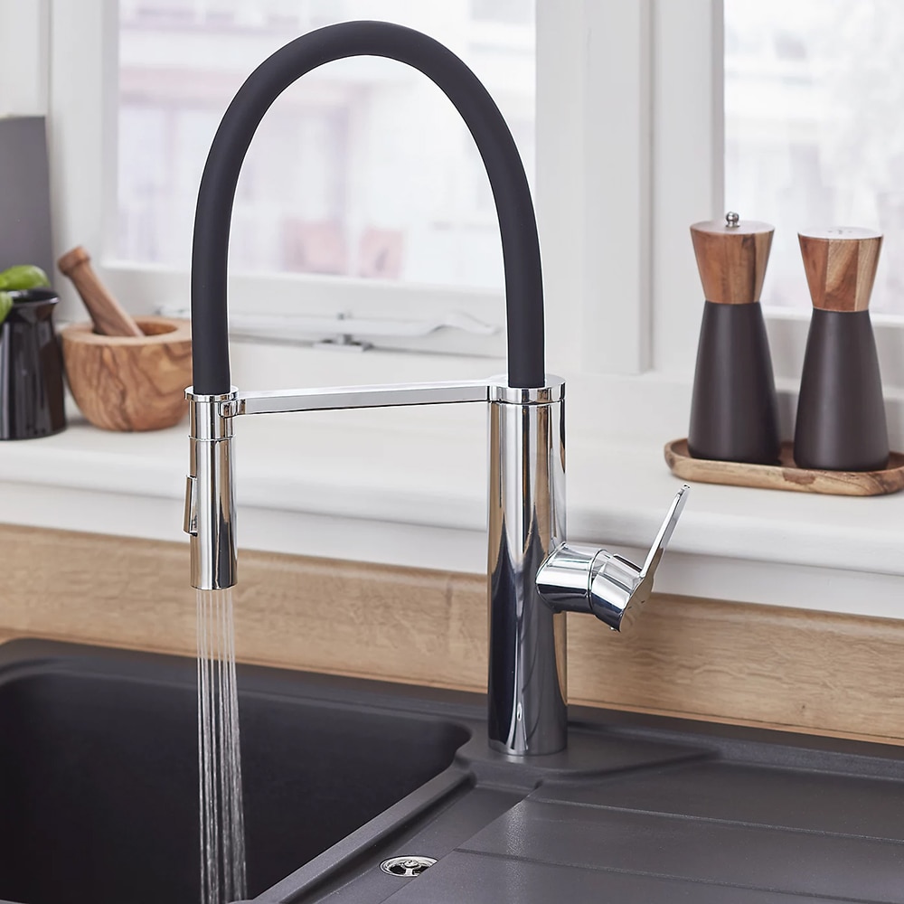 Baterie bucatarie Cooke & Lewis Kloey, dus extractibil, alama si silicon, argintiu-negru