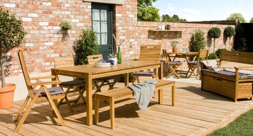 Masa terasa GOODHOME Denia, 8 locuri, lemn, 228 x 90 x 75 cm, alb