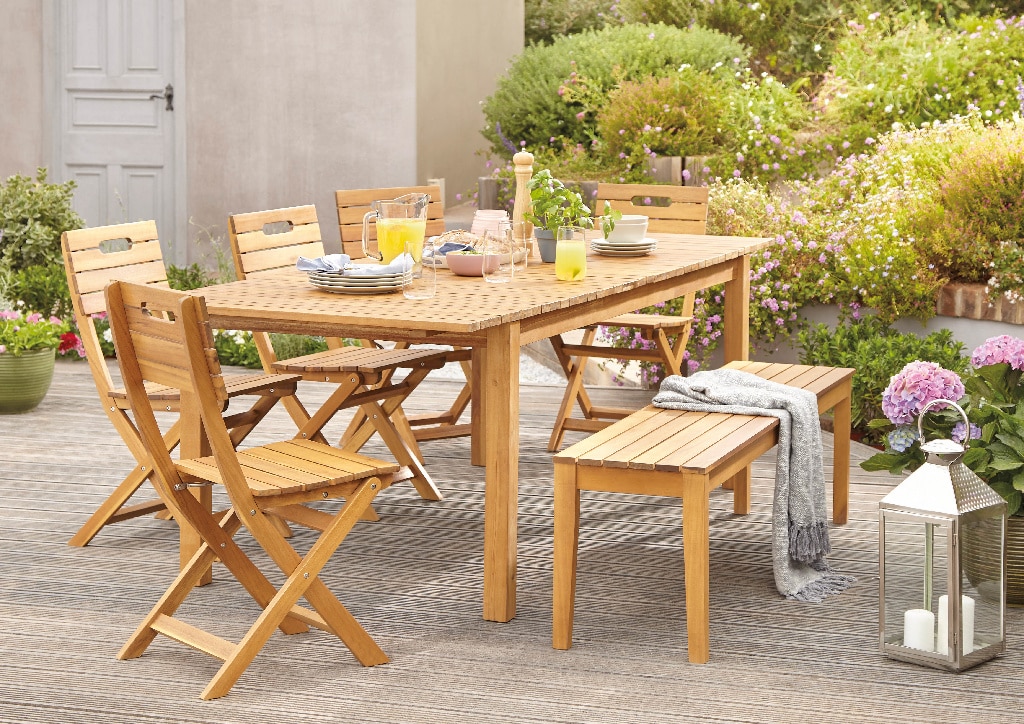 Masa terasa GOODHOME Denia, 8 locuri, lemn, 228 x 90 x 75 cm, alb