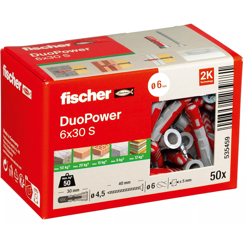 Diblu universal FISCHER DuoPower, nylon, cu surub, 6 x 30 mm, 50 bucati