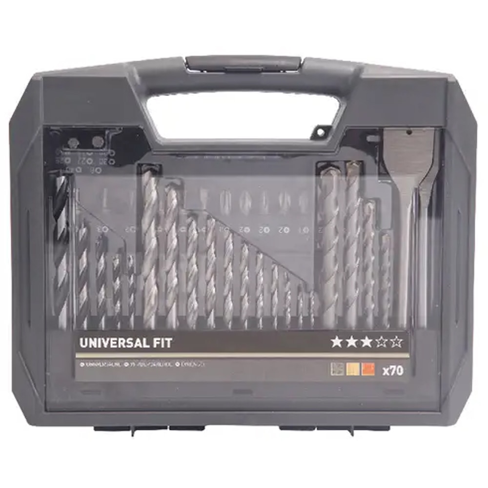 Trusa accesorii insurubare si gaurire UNIVERSAL FIT, 70buc, bit, burghiu, freza, argintiu