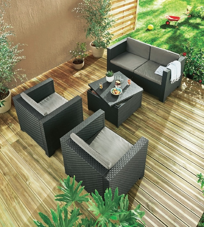 Set mobilier gradina, gri, ratan, 4 persoane, 4 piese, masa + 2 fotolii + canapea, include perne • Blooma Diva