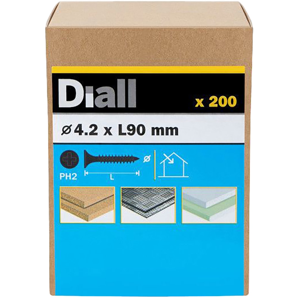 Surub gips-carton universal DIALL, 4.2 x 90 mm, otel carbon, negru, 200 buc