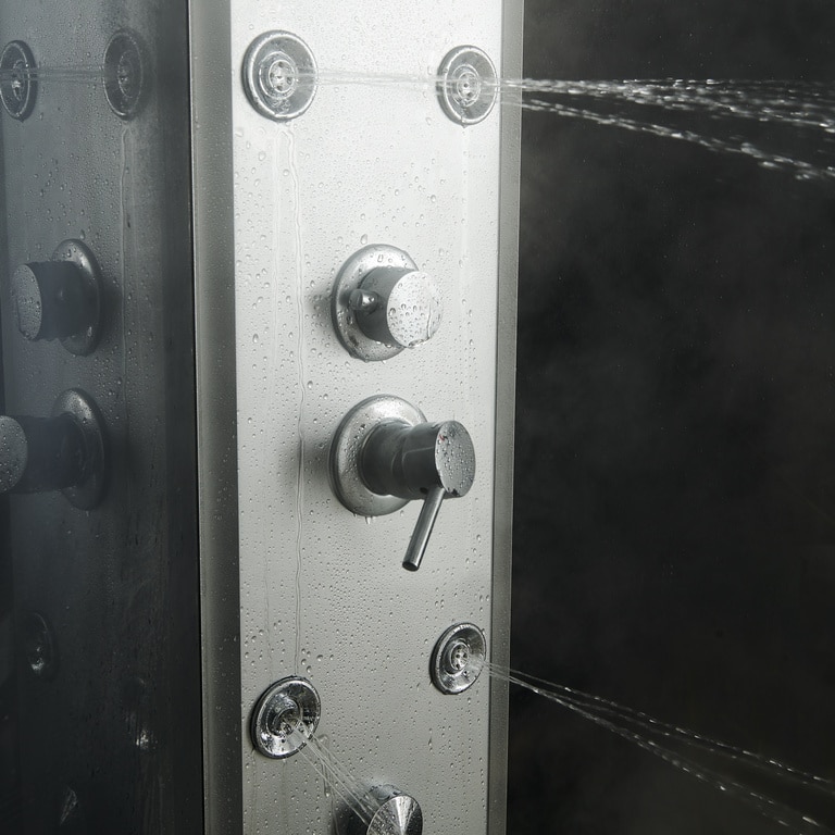 Cabina dus cu hidromasaj GoodHome Onega, semirotunda, 90 x 90 x 215 cm, sticla securizata, profil argintiu