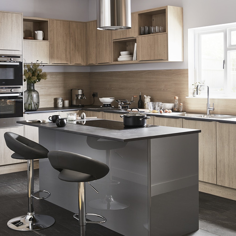 Front usa cu 2 sertare GOODHOME Artemisia, MDF, 49.7 x 35.6 x 1.8 cm, gri, lucios