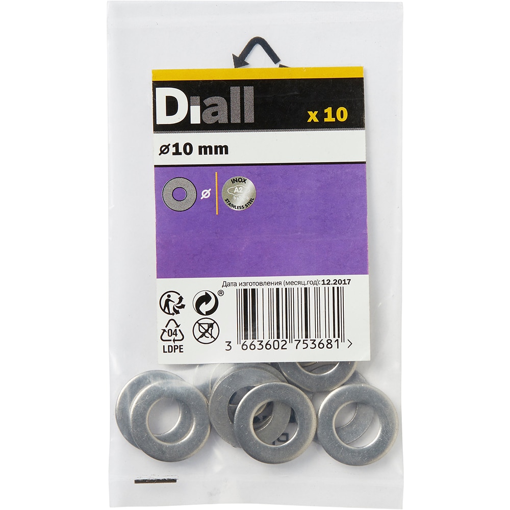 Saiba plata medie M10 DIALL, 10 mm, otel inoxidabil A2, 10 buc
