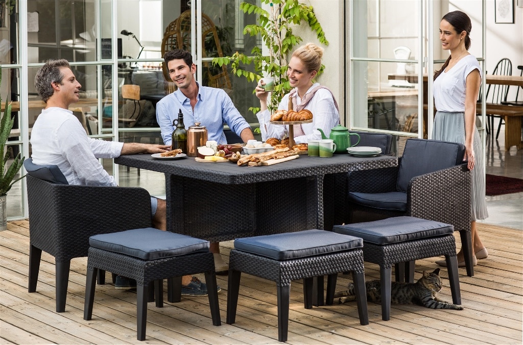 Set mobilier gradina, gri, ratan, 9 persoane, 9 piese, masa + 4 fotolii + 4 tabureti, include perne • Columbia 