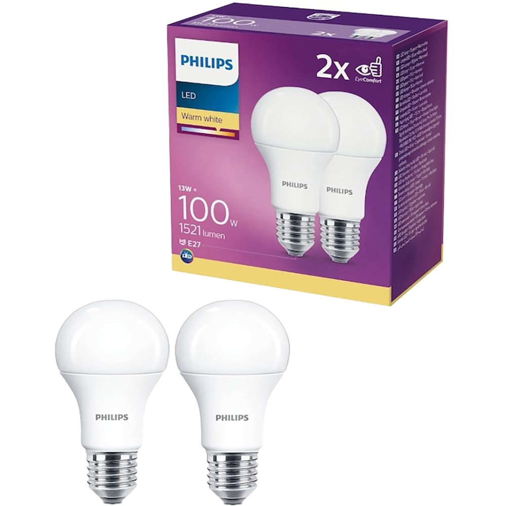 Set 2 becuri LED PHILIPS, E27, 100W, 1521lm, lumina calda