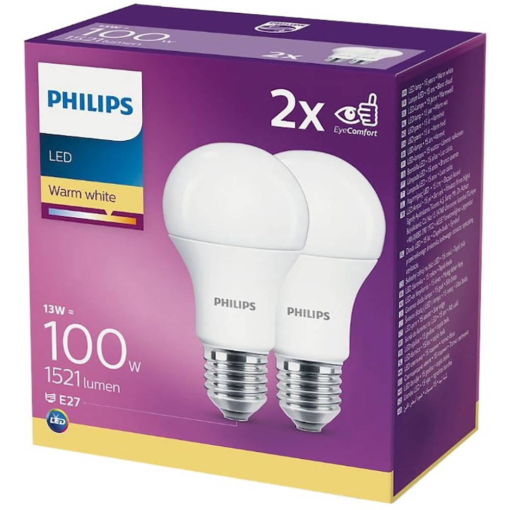 Set 2 becuri LED PHILIPS, E27, 100W, 1521lm, lumina calda