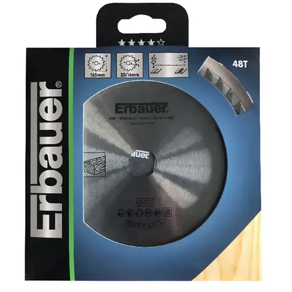 Disc debitare lemn ERBAUER 100648283, 16.5 x 2 cm, 48 dinti, bucsa 16/20