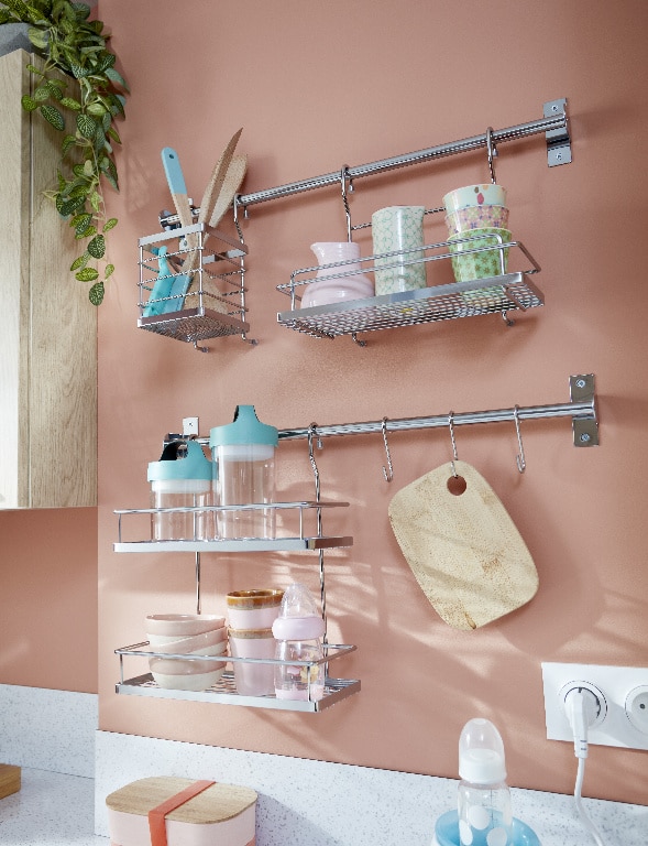 Suport perete bucatarie si accesorii GOODHOME Datil, 120 x 25 x 15.4cm, otel, argintiu