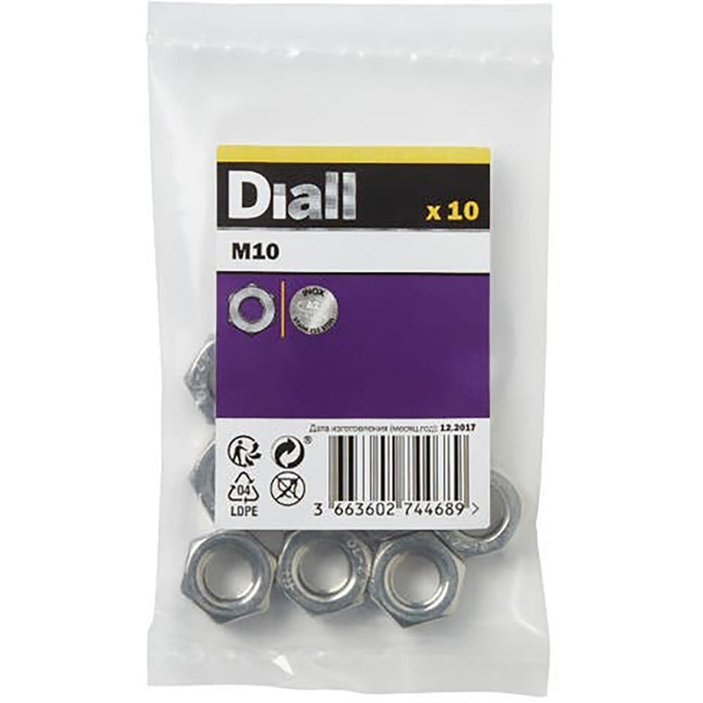 Piulita hexagonala M10 DIALL, otel inoxidabil A2, argintiu, 10 buc