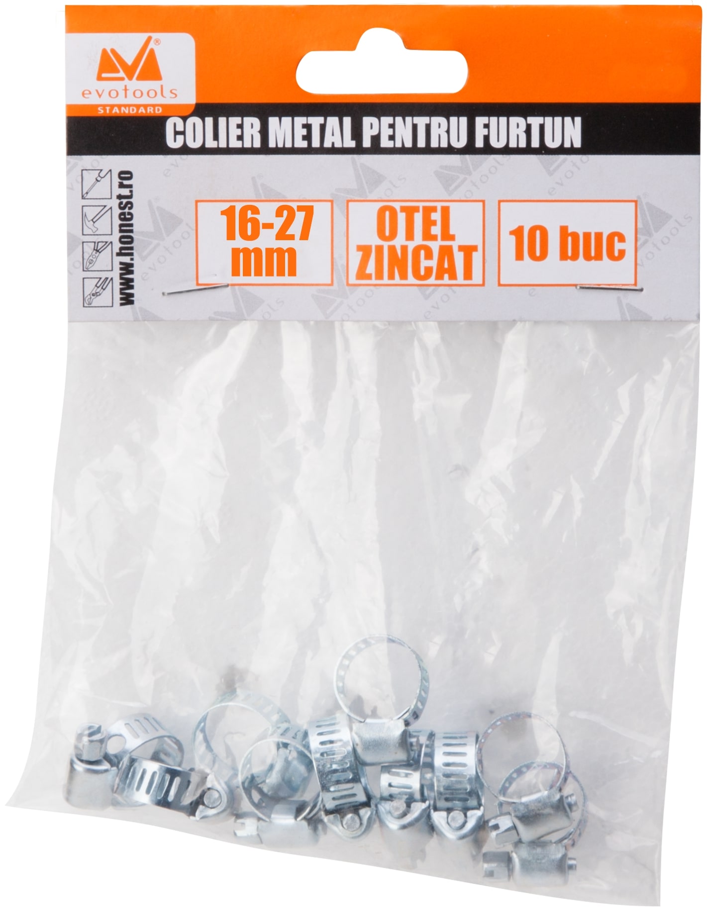 Set coliere metalice reglabile pentru furtun, 10 bucati,  16 - 27 mm  Evotools
