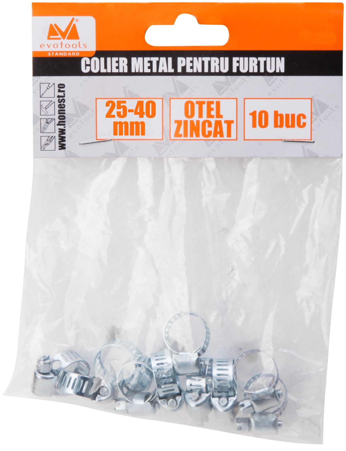 Set coliere metalice reglabile pentru furtun, 10 bucati, 25 - 40 mm Evotools
