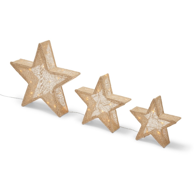 Set 3 stelute 10 LED-uri HESSIAN, 50 cm, iuta si metal, maro, lumina alb cald