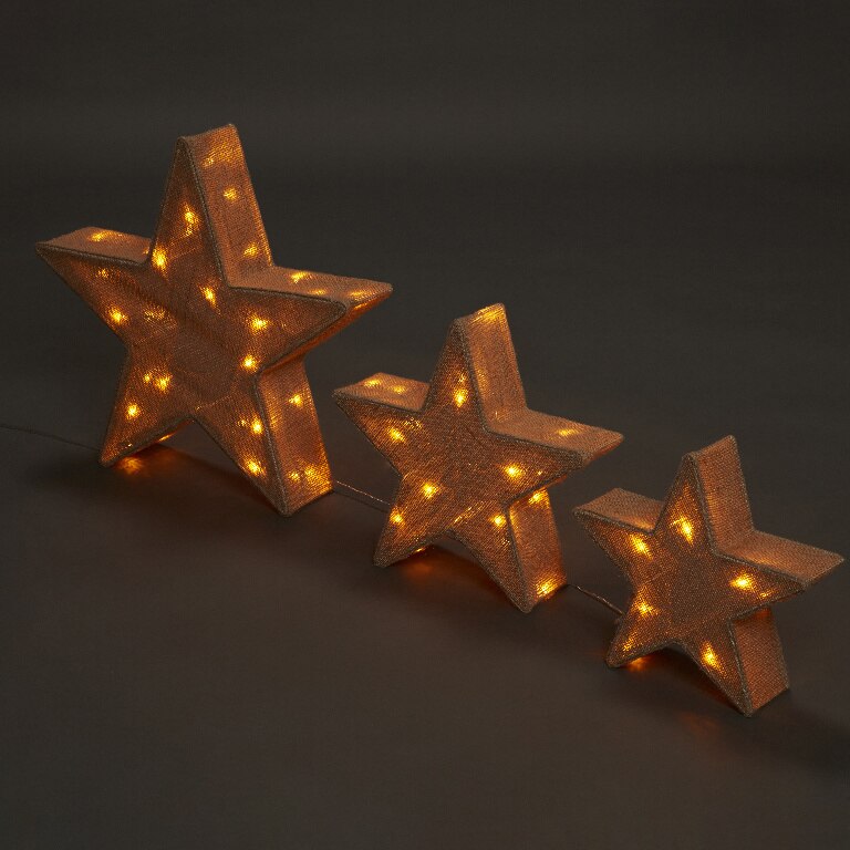 Set 3 stelute 10 LED-uri HESSIAN, 50 cm, iuta si metal, maro, lumina alb cald