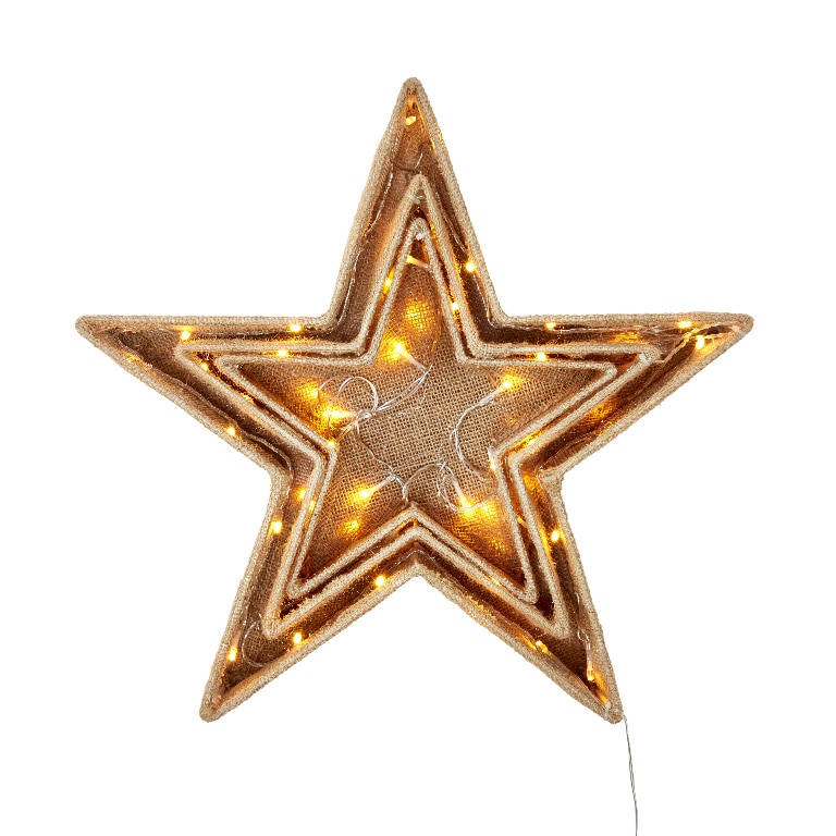 Set 3 stelute 10 LED-uri HESSIAN, 50 cm, iuta si metal, maro, lumina alb cald