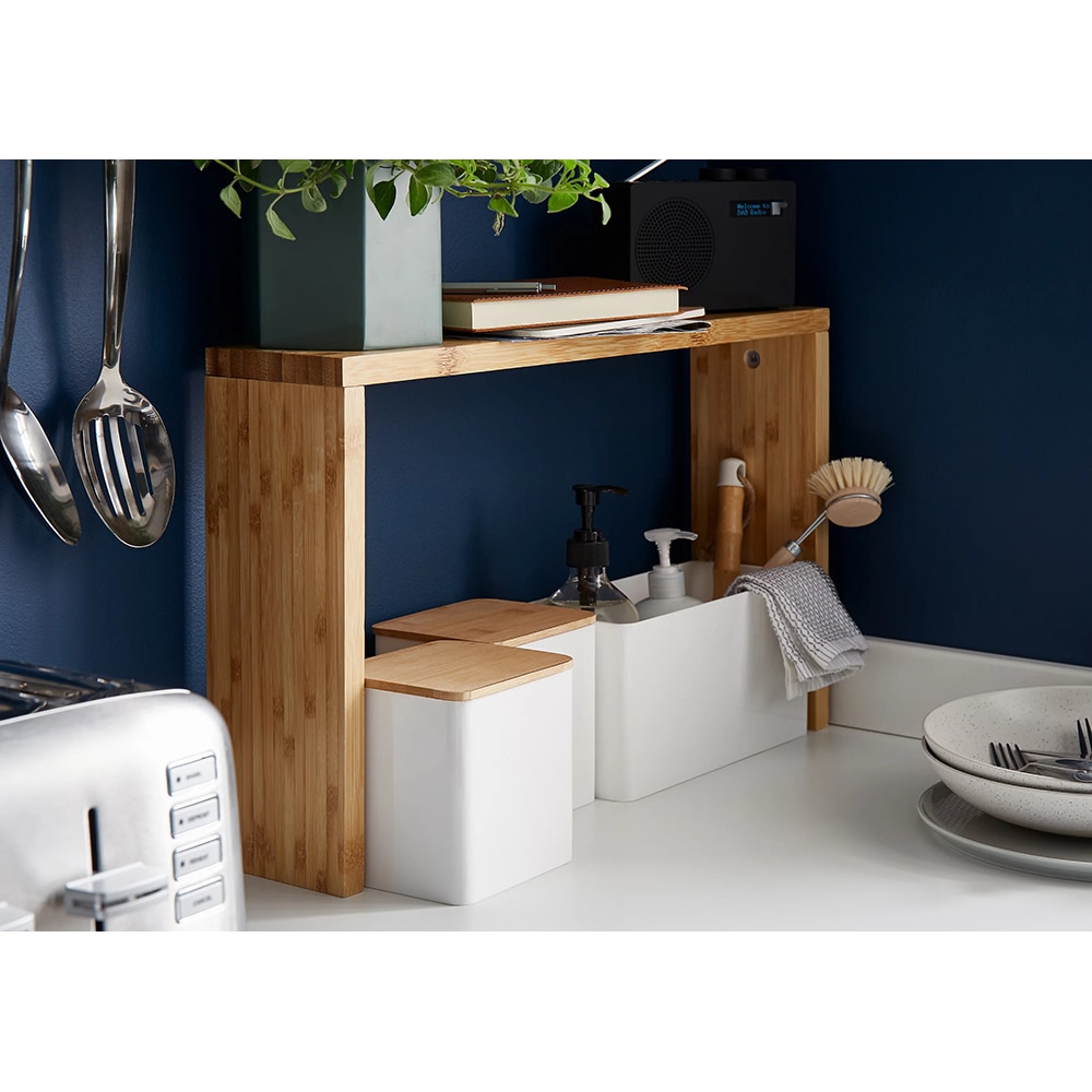 Set depozitare pentru bucatarie GOODHOME Budu, 54.8 x 11.9 x 30.3 cm, ABS si bambus, alb/maro