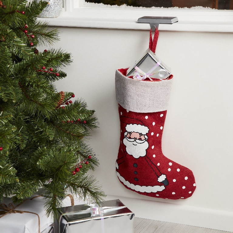 Decoratiune Soseta Craciun, textil, rosu/alb