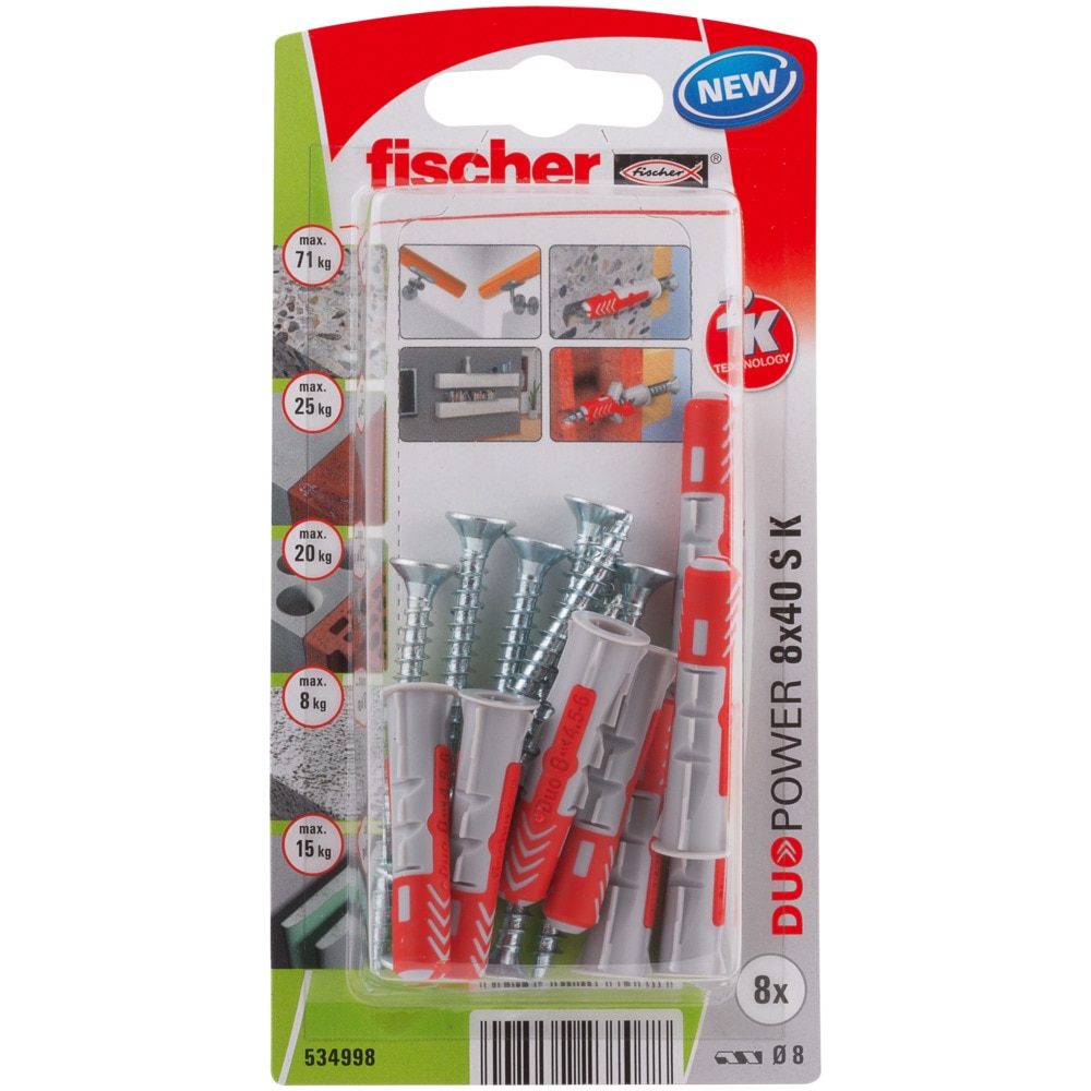 Set de 8 dibluri duopower 8 x 40 cu holsurub cu cap inecat PZ2, total filetat  Fischer