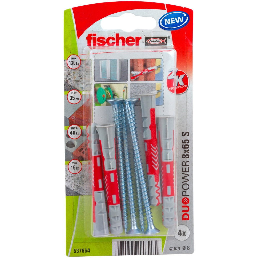 Set de 4 dibluri duopower 8 x 65 cu holsurub cu cap inecat PZ2, total filetat  Fischer