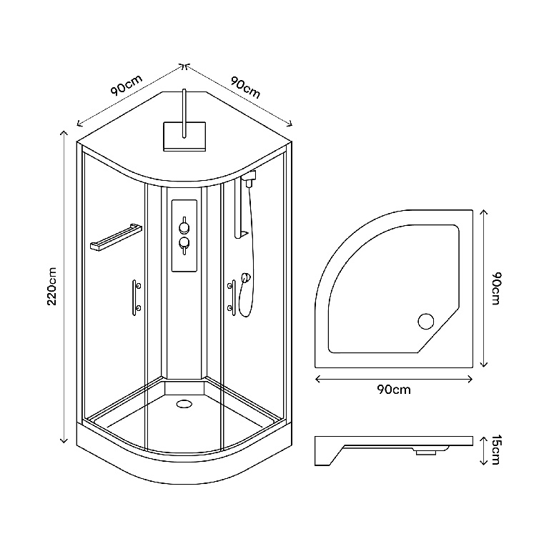 Cabina dus cu hidromasaj GOODHOME Beloya, semirotunda, profil metalic, sticla securizata, 90 x 90 x 220 cm, gri/negru