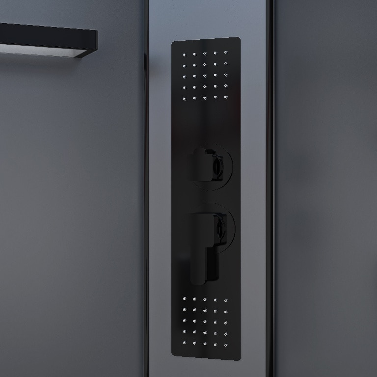 Cabina dus cu hidromasaj GOODHOME Beloya, semirotunda, profil metalic, sticla securizata, 90 x 90 x 220 cm, gri/negru