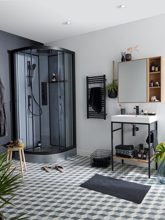 Cabina dus cu hidromasaj GOODHOME Beloya, semirotunda, profil metalic, sticla securizata, 90 x 90 x 220 cm, gri/negru