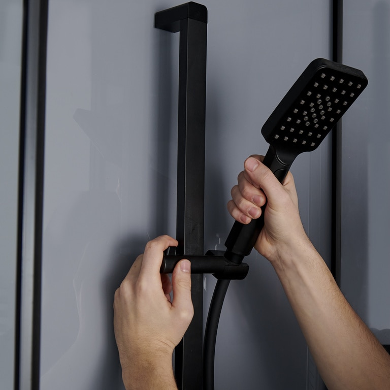 Cabina dus cu hidromasaj GOODHOME Beloya, semirotunda, profil metalic, sticla securizata, 90 x 90 x 220 cm, gri/negru