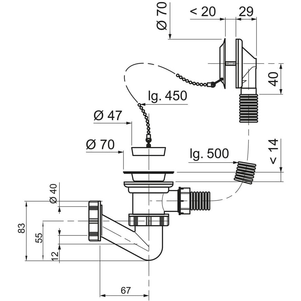 Coloana cada cu preaplin, sifon mic, dop si lant Wirquin SP5501RO, 500 mm
