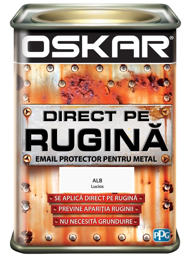 Email direct pe rugina, pentru metal, interior/exterior, culoare alb lucios, 0.5 L  Oskar