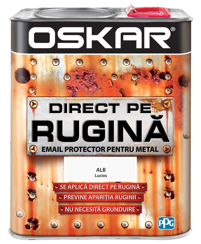 Email direct pe rugina, pentru metal, interior/exterior, culoare alb lucios, 2.5 L  Oskar