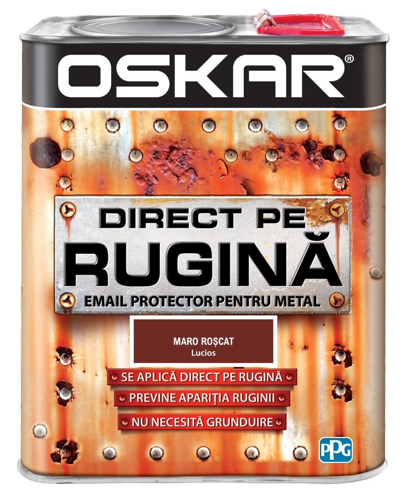 Email direct pe rugina, pentru metal, interior/exterior, culoare roscat lucios, 2.5 L  Oskar