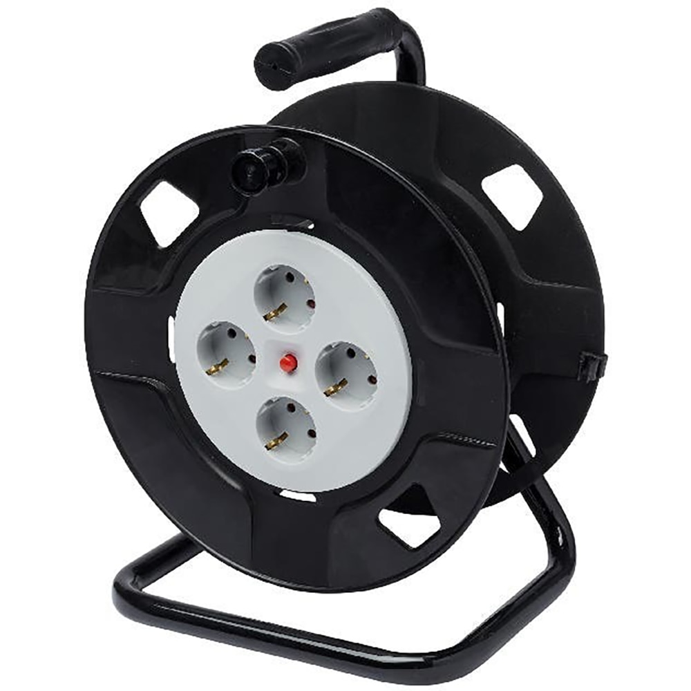 Prelungitor 4 prize Schuko, fara cablu, cu tambur, negru